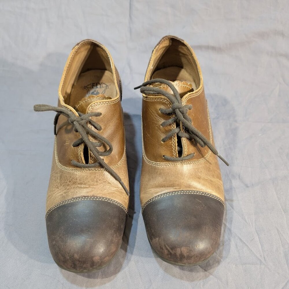 Fly London Brown Tri Tone Leather Chunky Heel Derby Shoes Women Size 41